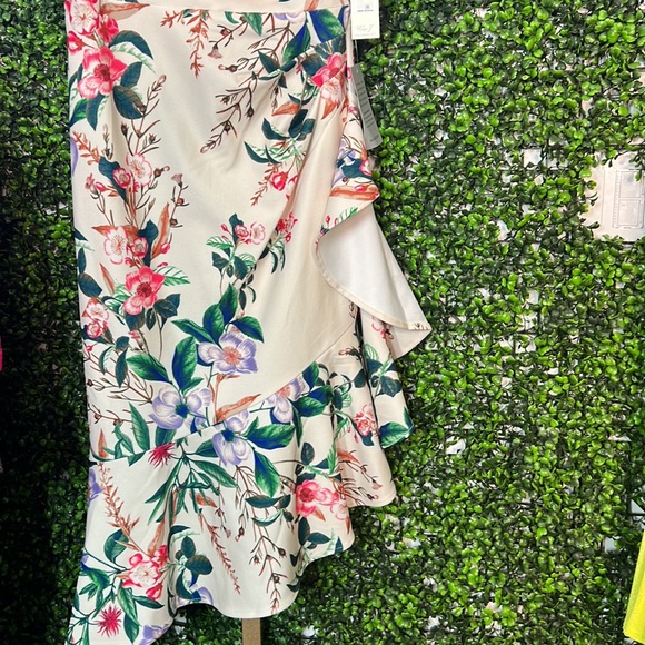 Cascade Floral Ruffle Asymmetrical Hem Sheath Dress In Ivory Multi size 2 - Picture 7 of 12